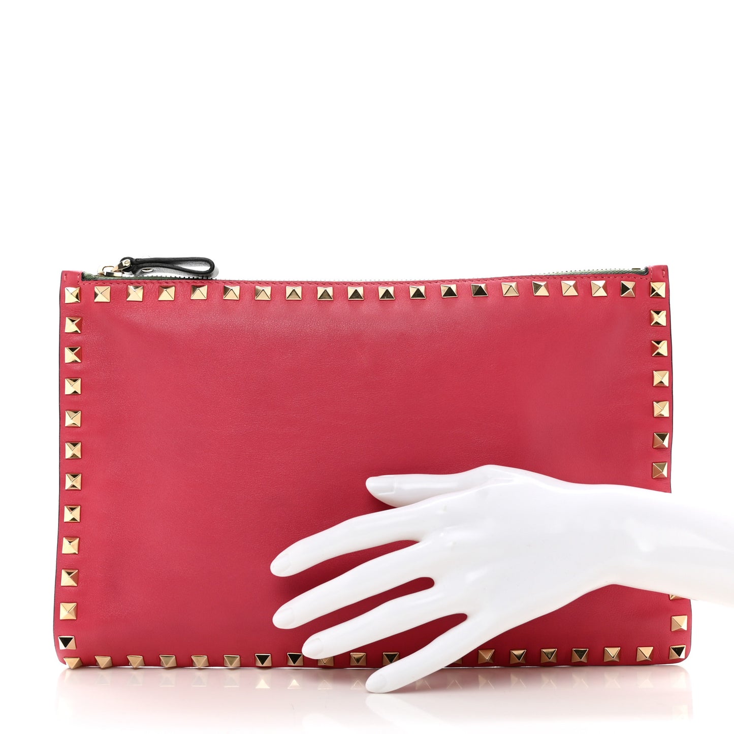 Vitello Large Rockstud Zip Pouch Deep Rose Clover Grey Scarlet