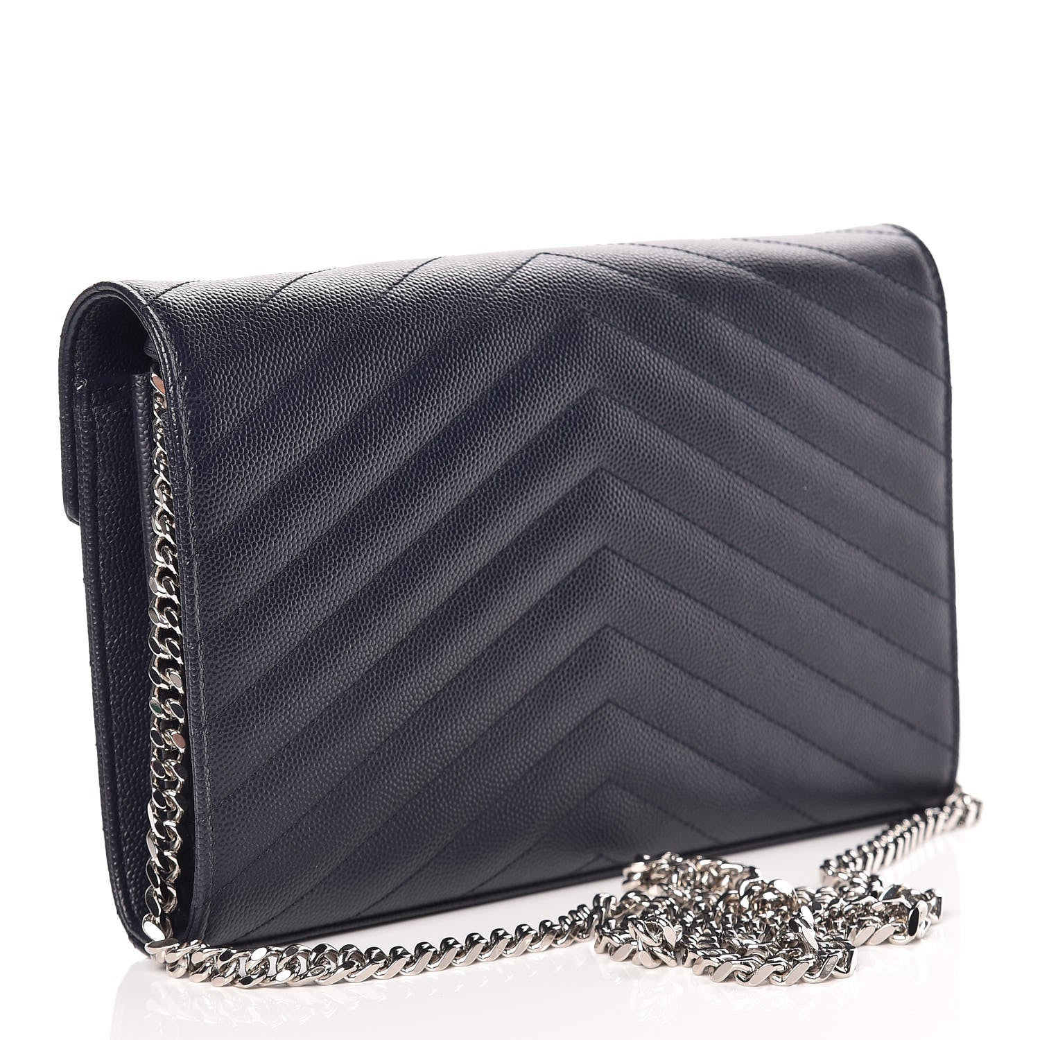 Saint Laurent Grain De Poudre Matelasse Chevron Monogram Chain Wallet Deep Marine 3 of 12