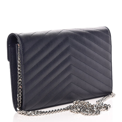 Saint Laurent Grain De Poudre Matelasse Chevron Monogram Chain Wallet Deep Marine 3 of 12