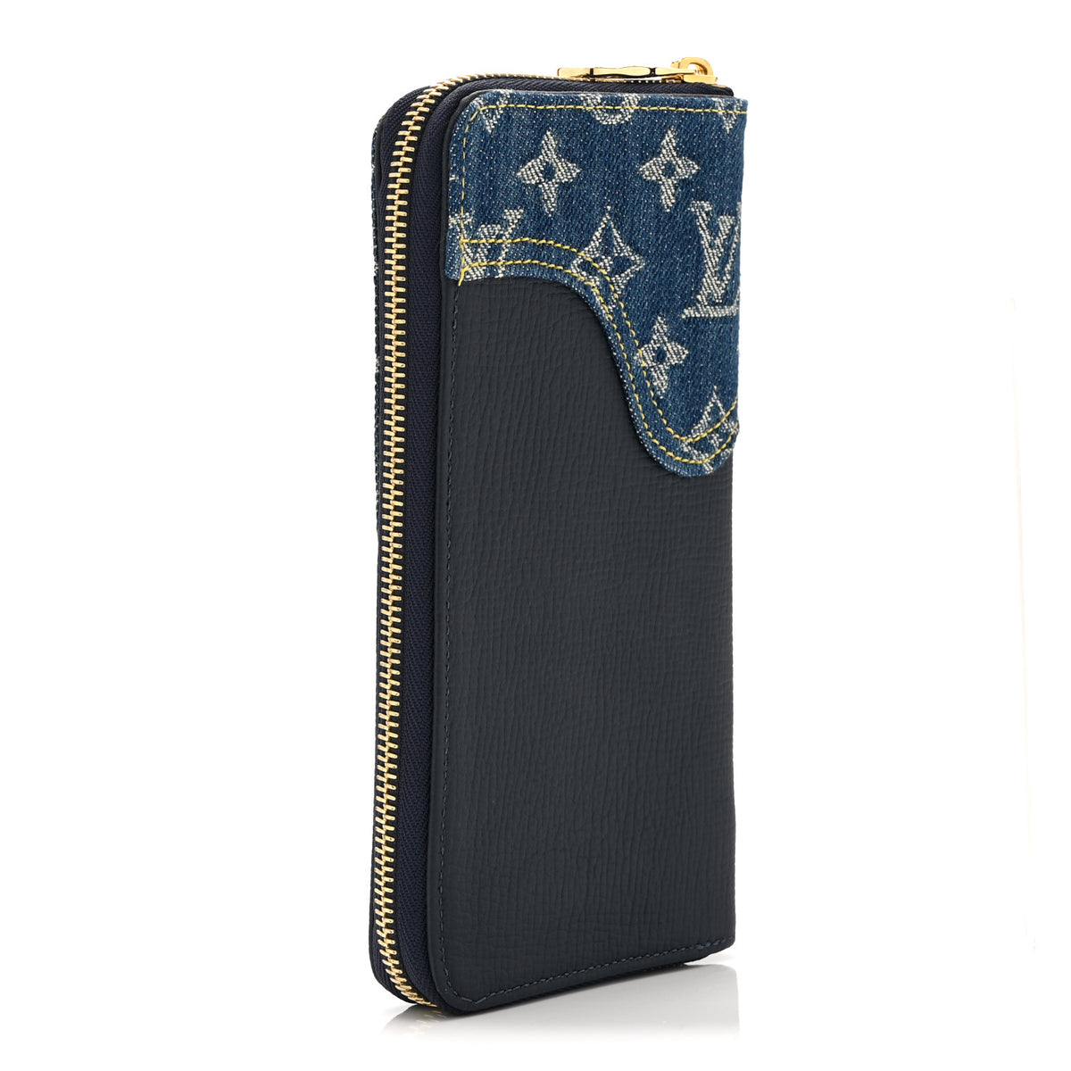 X NIGO Taurillon Monogram Denim Drip Zippy Vertical Wallet Blue