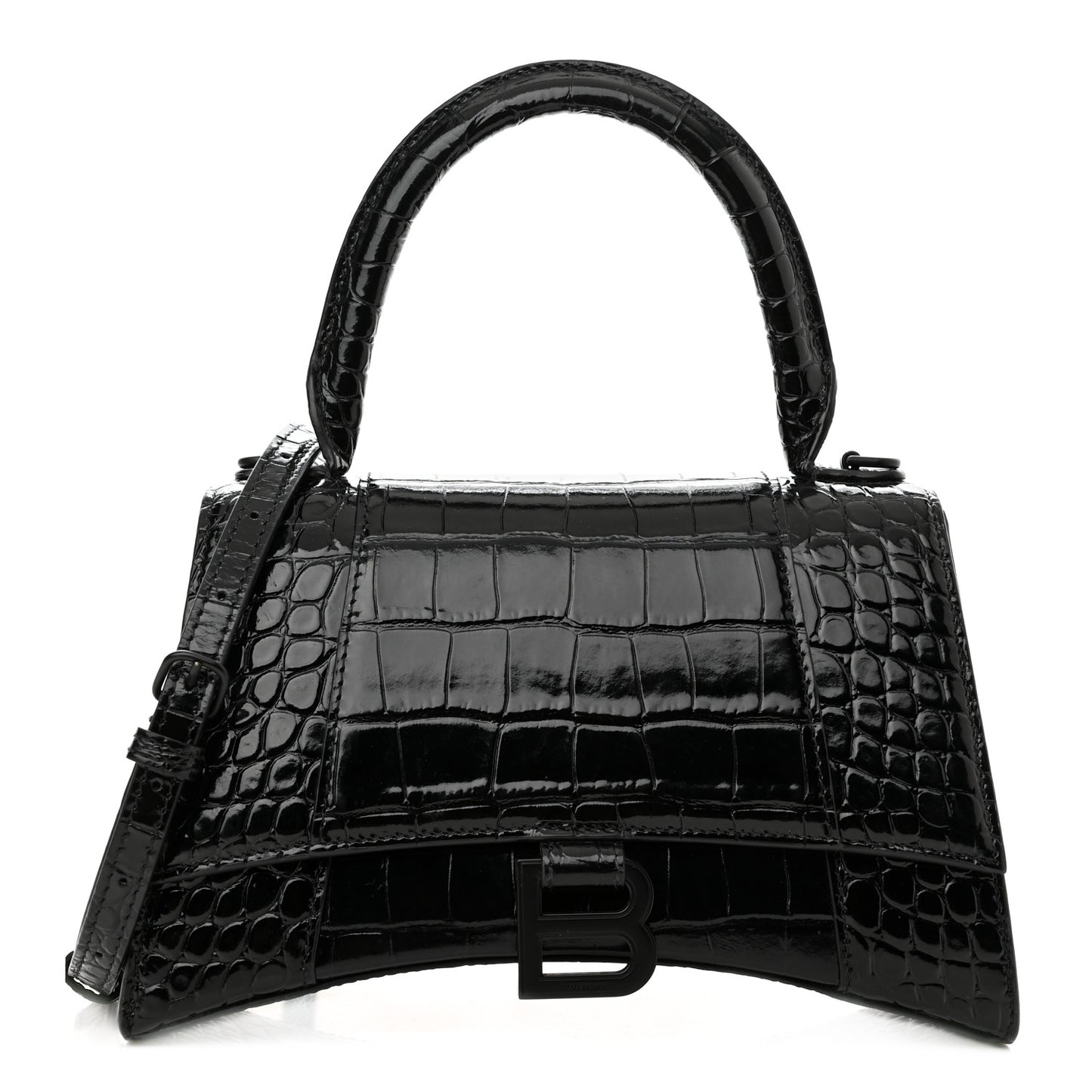 Shiny Calfskin Monochrome Crocodile Embossed Small Hourglass Top Handle Bag Black