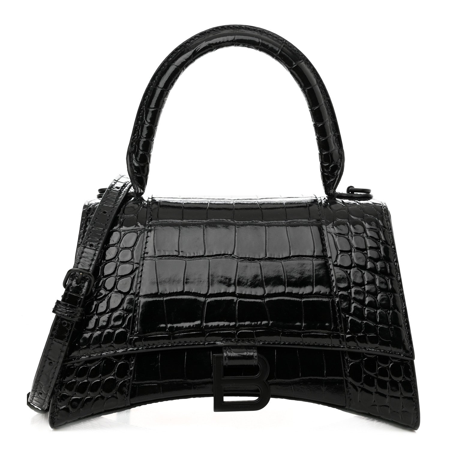 Balenciaga Shiny Calfskin Monochrome Crocodile Embossed Small Hourglass Top Handle Bag Black 1 of 10