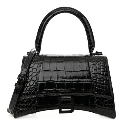 Balenciaga Shiny Calfskin Monochrome Crocodile Embossed Small Hourglass Top Handle Bag Black 1 of 10