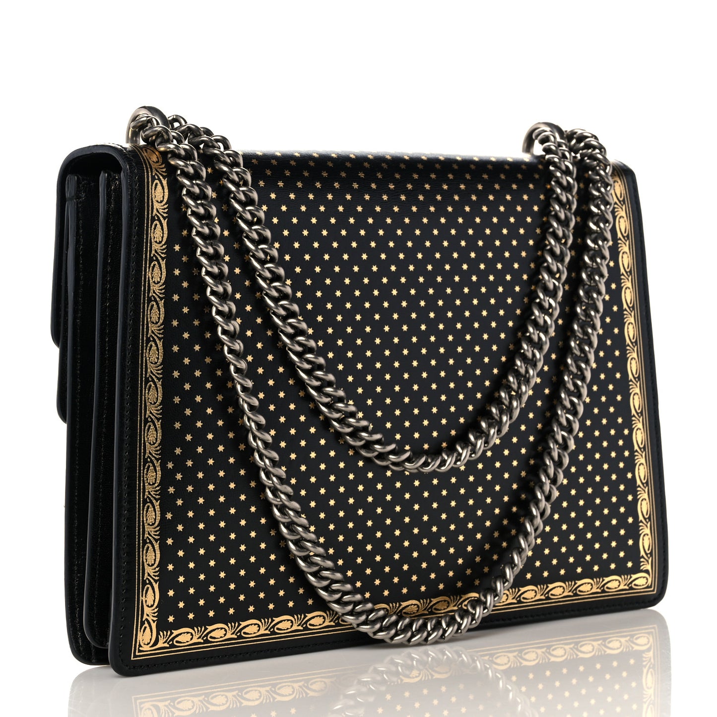 X SEGA Calfskin GUCCY Stars Medium Dionysus Shoulder Bag Black Gold