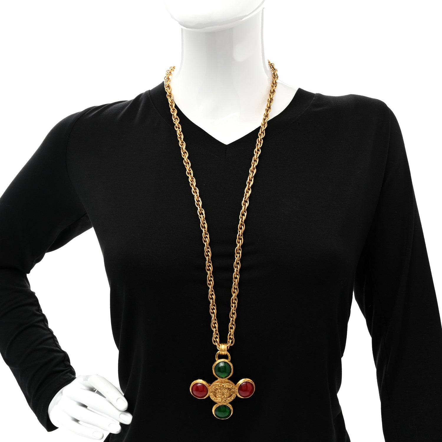 Chanel Crystal Gripoix Poured Glass Brooch Pendant Necklace Gold Green Red 2 of 7