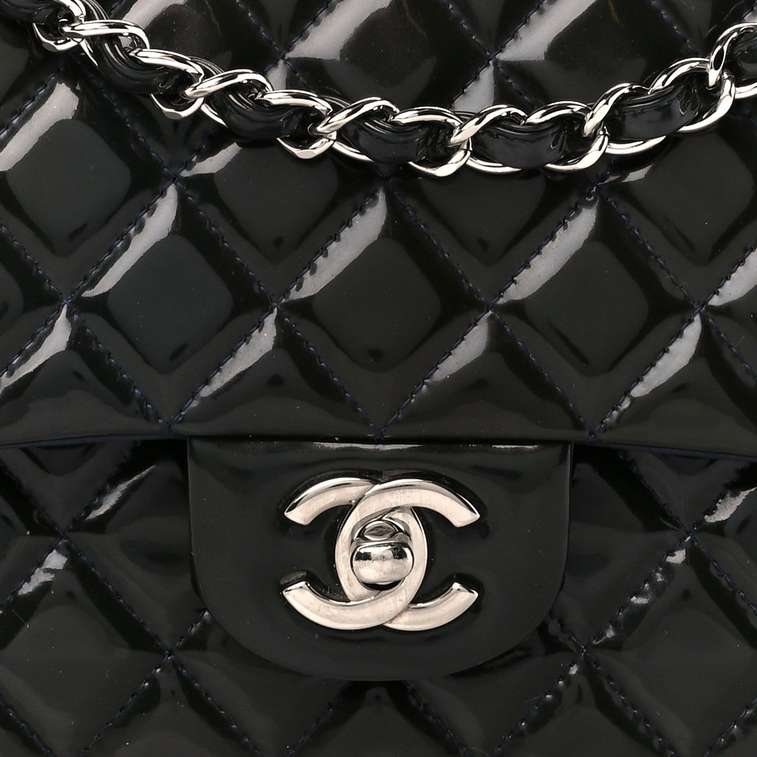 Chanel Patent Calfskin Quilted Bi-Color Medium Double Flap Navy Blue Black 9 of 11