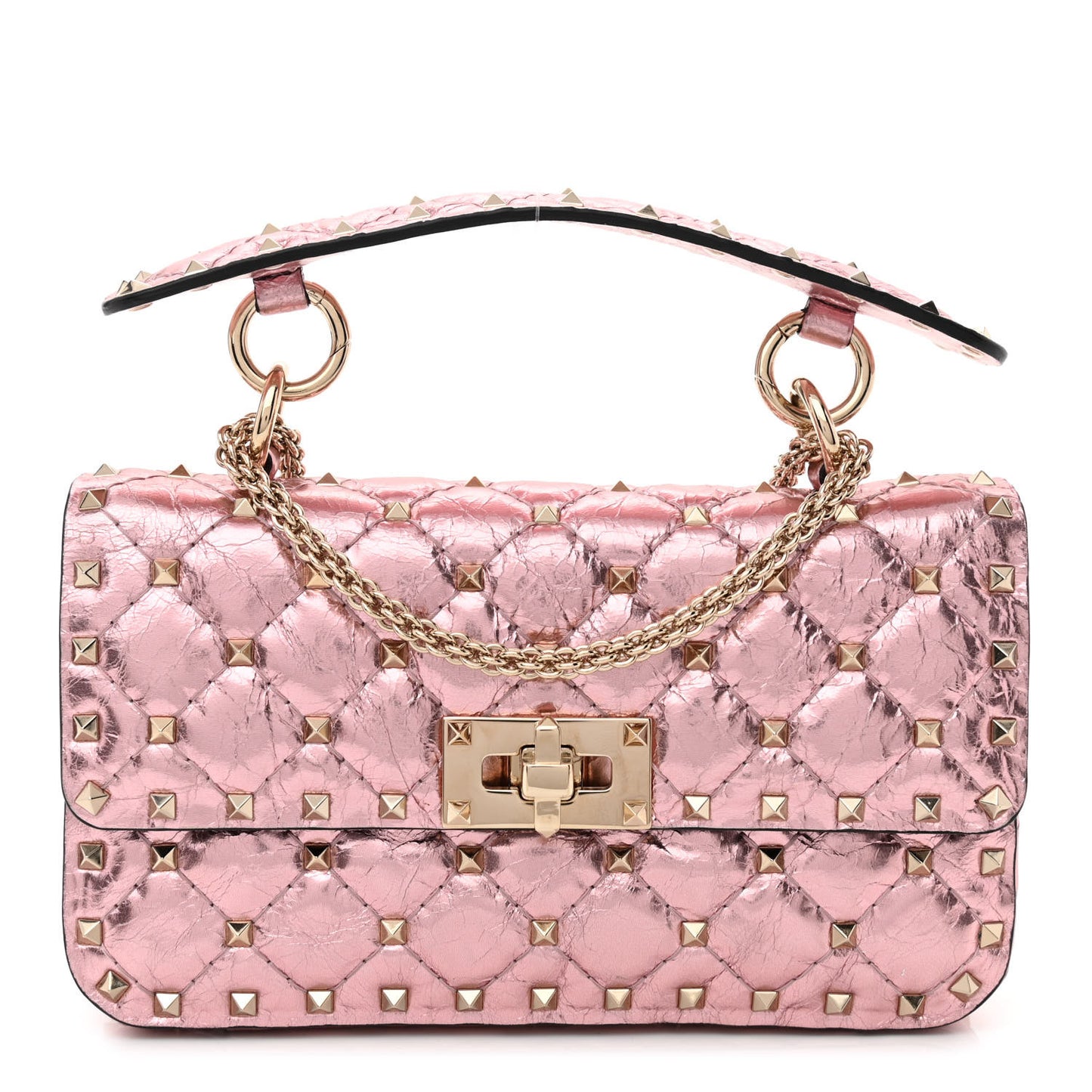 Metallic Wrinkled Lambskin Small Rockstud Spike Shoulder Bag Lipstick