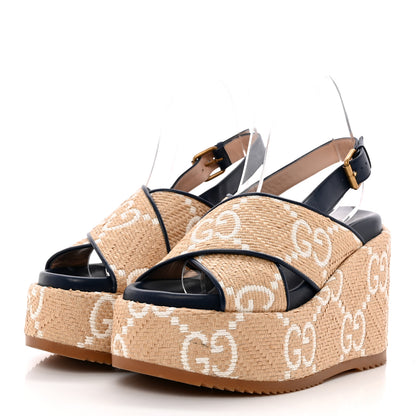 Gucci Raffia Nappa GG Monogram Angelina Platform Slingback Sandals 38.5 Natural Great White Blue Agata 3 of 13
