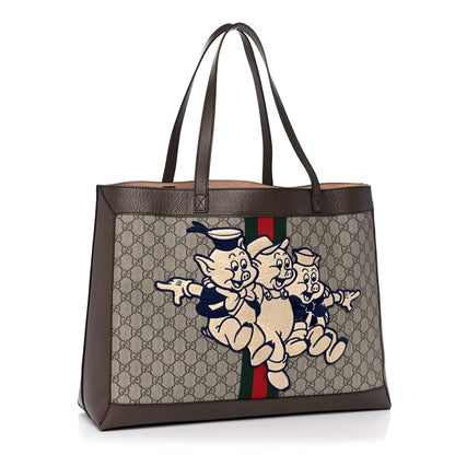 Gucci X DISNEY GG Supreme Monogram Web Three Little Pigs Large Ophidia Tote Beige New Acero 3 of 16