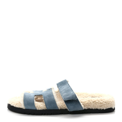 Hermes Suede Goatskin Woolskin Womens Chypre Sandals 39 Bleu Pinede Ecru 1 of 7