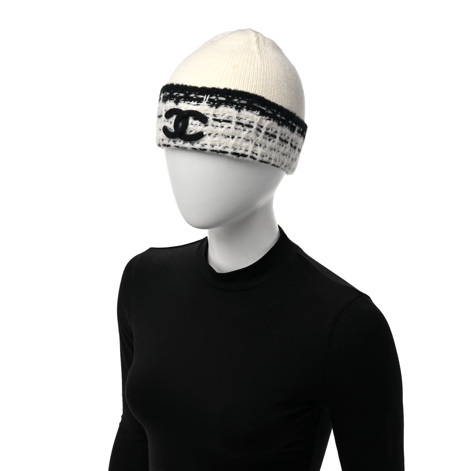 Chanel Wool Cashmere Stitched CC Beanie Hat Ivory Black 2 of 5