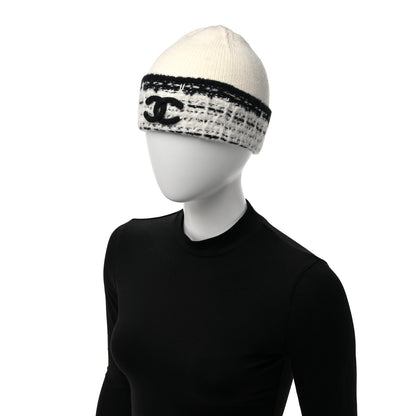 Chanel Wool Cashmere Stitched CC Beanie Hat Ivory Black 2 of 5
