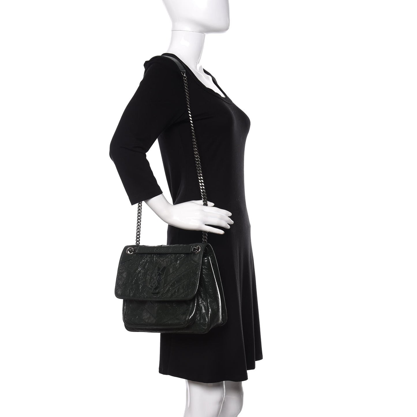 Crinkled Calfskin Matelasse Monogram Medium Niki Chain Satchel Military Olive
