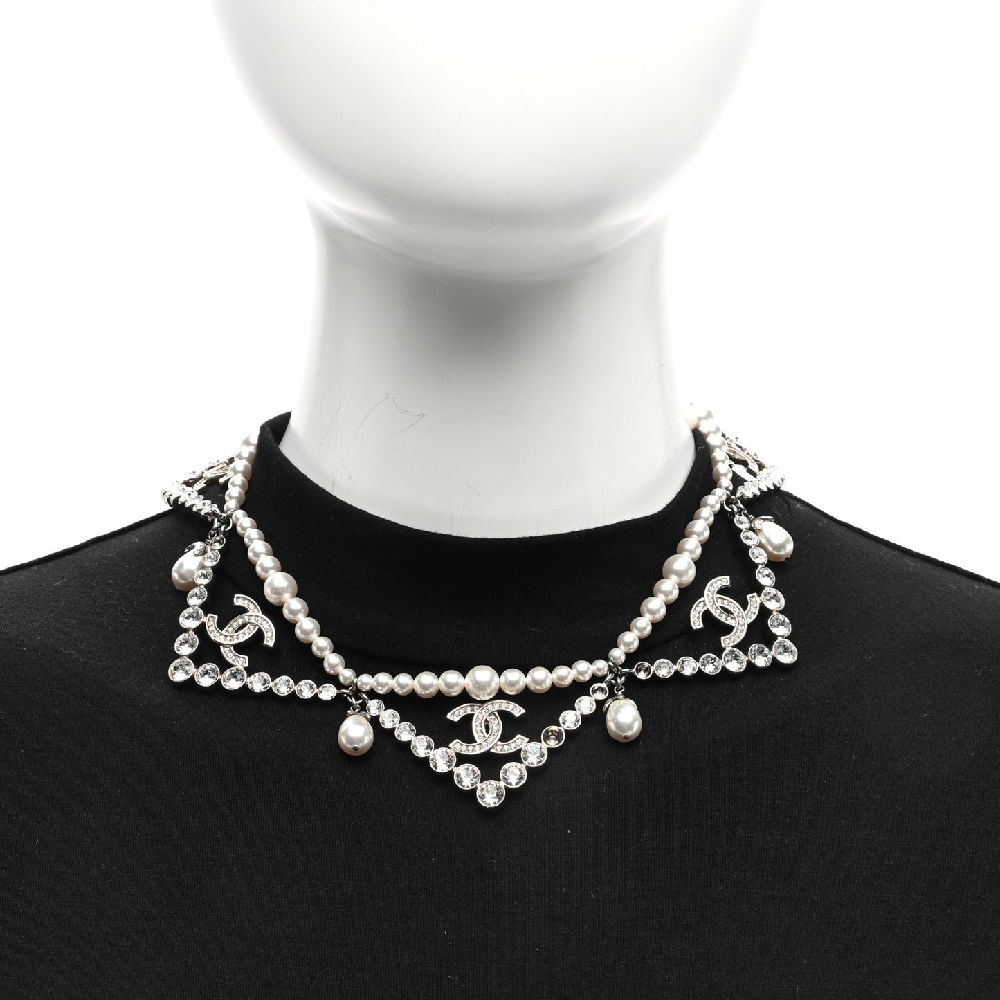 Crystal Pearl CC Choker Necklace Silver