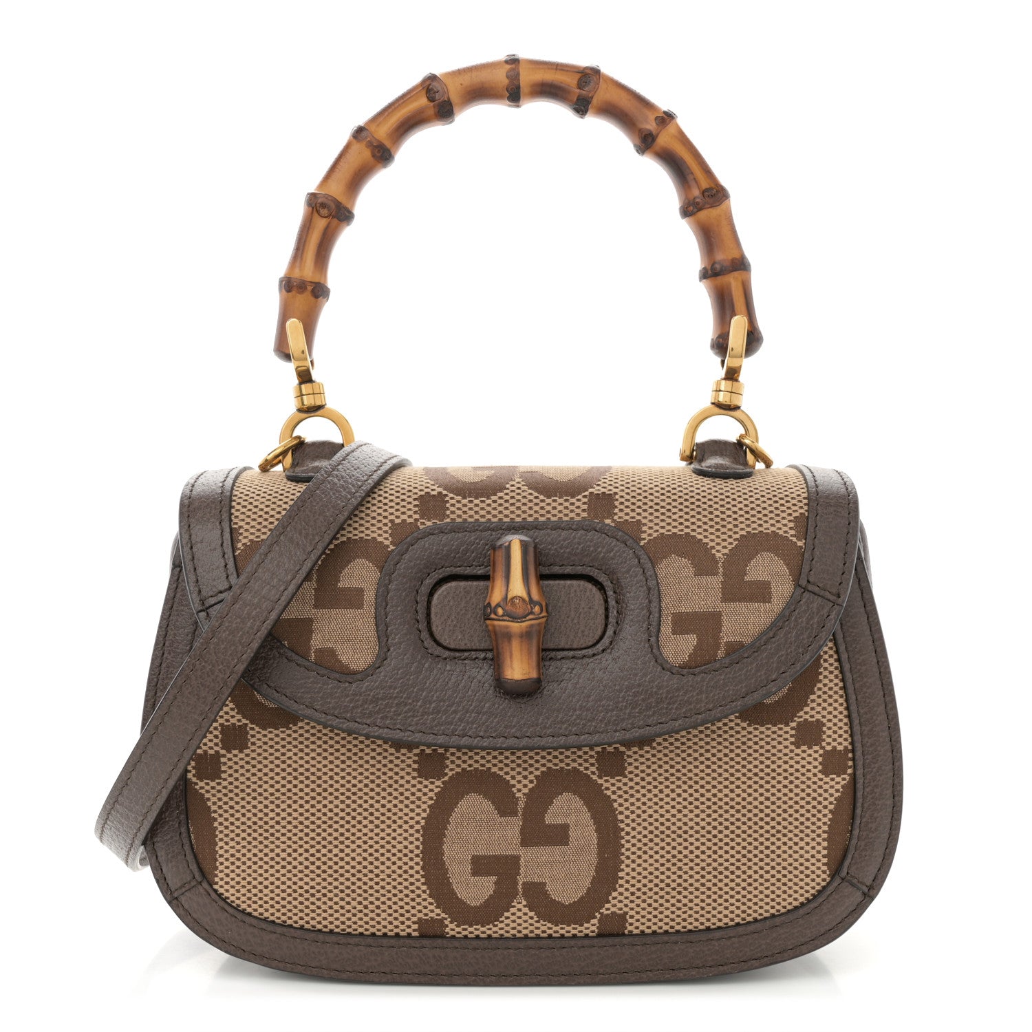 Gucci Monogram Jumbo GG Textured Dollar Calfskin Web Small Bamboo 1947 Top Handle Bag Camel Ebony New Acero 1 of 12