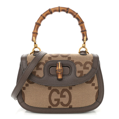 Gucci Monogram Jumbo GG Textured Dollar Calfskin Web Small Bamboo 1947 Top Handle Bag Camel Ebony New Acero 1 of 12