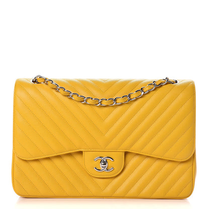 Chanel Caviar Chevron Quilted Jumbo Double Flap Yellow 1 of 11