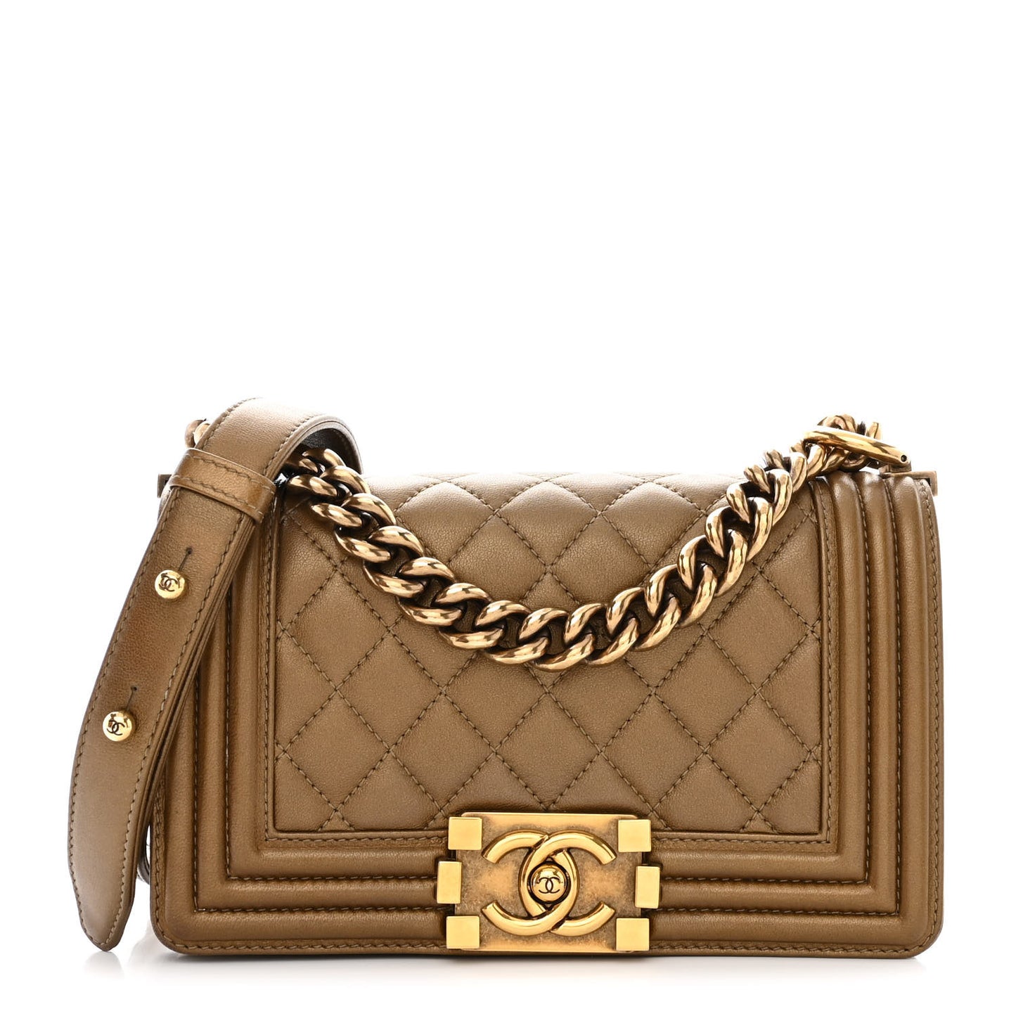 Metallic Calfskin Quilted Small Boy Flap Gold