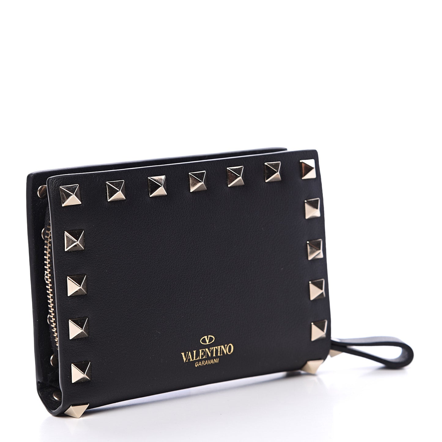 Calfskin Rockstud Compact Bi-Fold Wallet Black