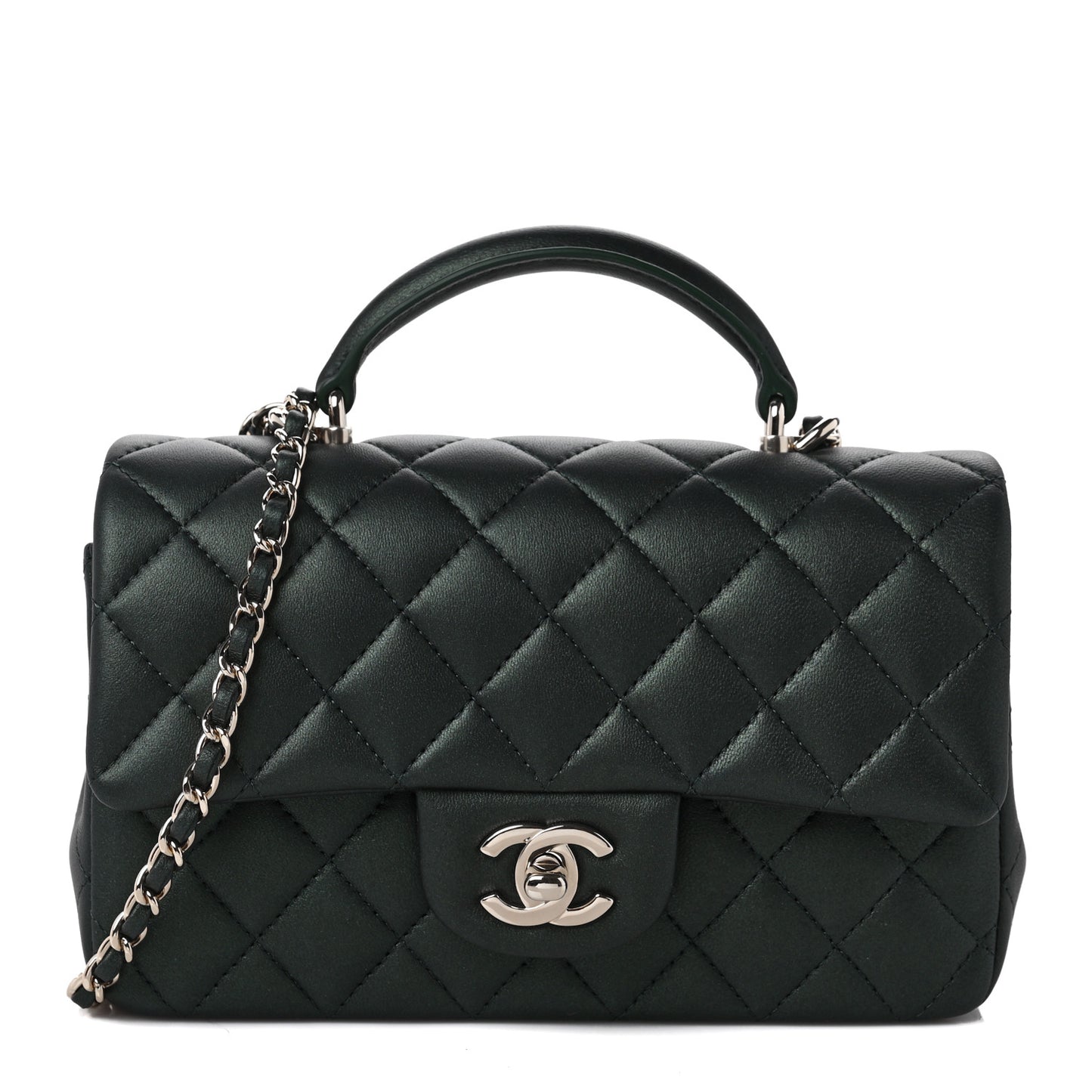 Iridescent Lambskin Quilted Mini Top Handle Rectangular Flap Dark Green