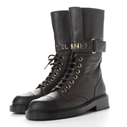 Chanel Shiny Calfskin Lace Up Combat Boots 35 Dark Brown Black 3 of 8