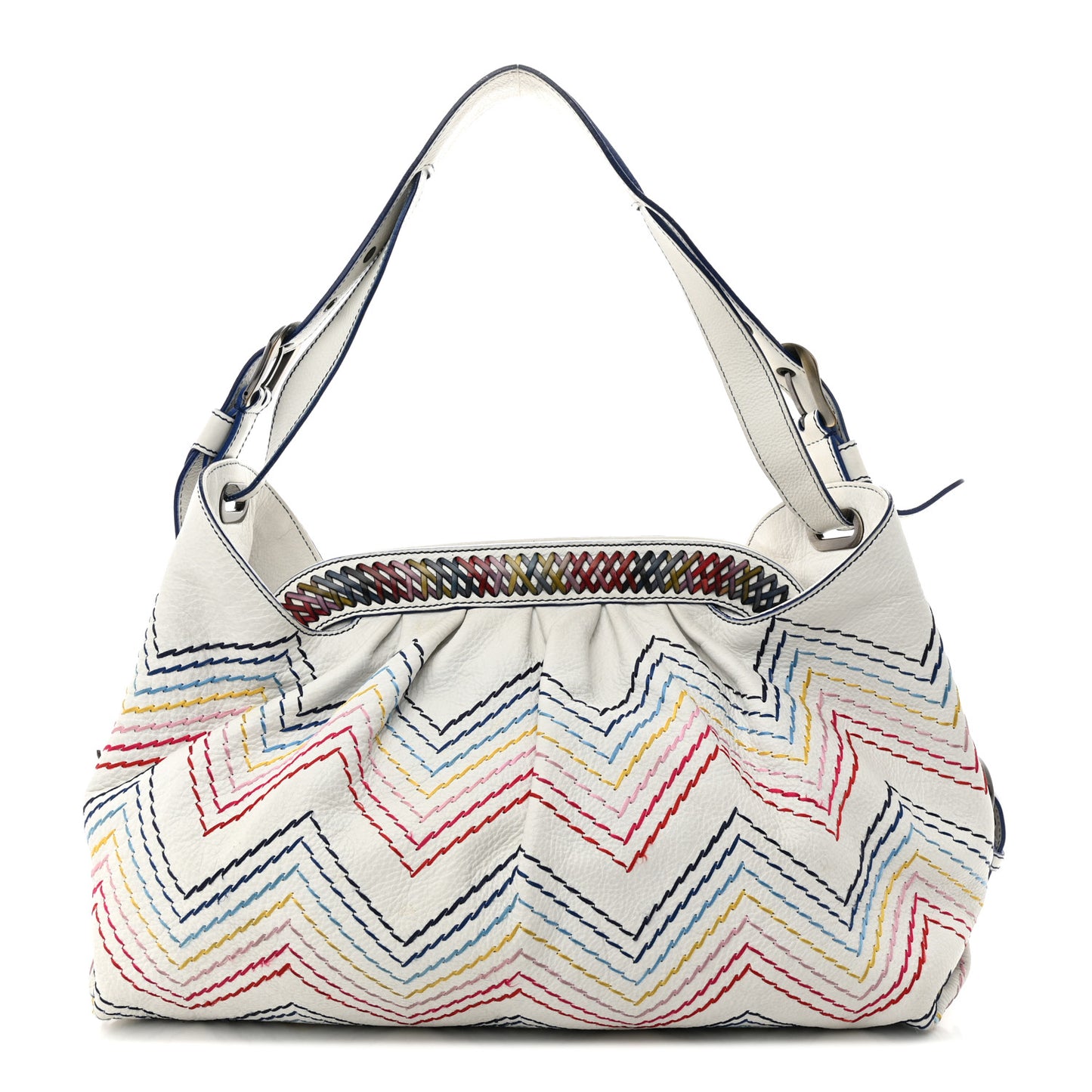 Vitello Palma Zig Zag Thread Embroidered Doctor B Hobo White Multicolor