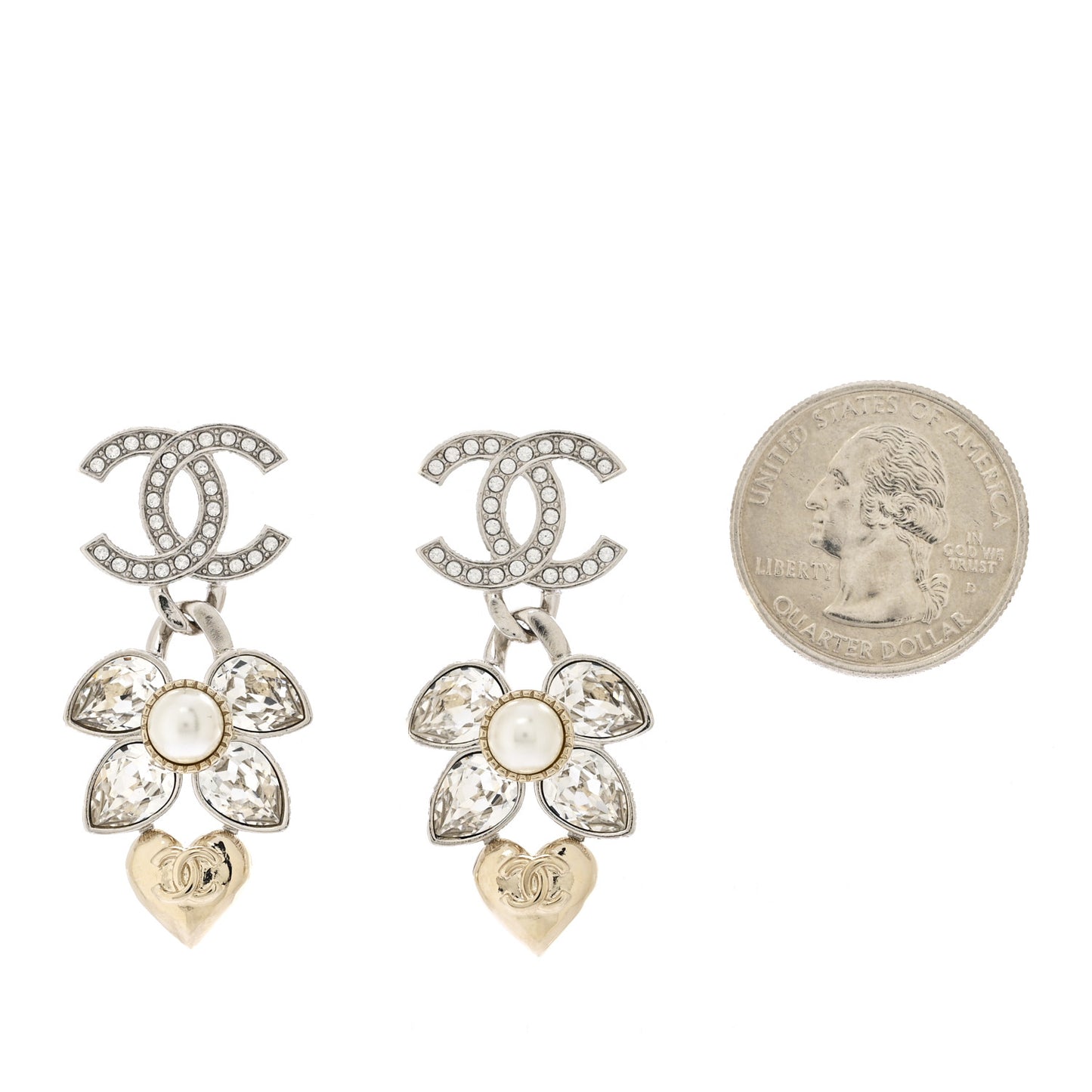 Crystal Pearl CC Heart Pendant Earrings Silver Gold