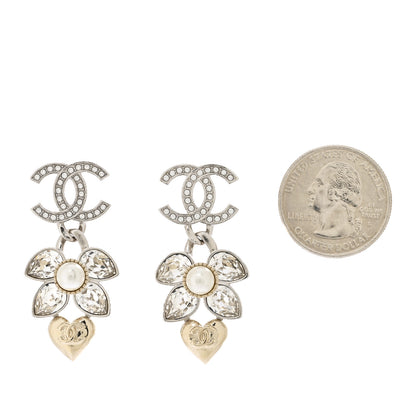 Chanel Crystal Pearl CC Heart Pendant Earrings Silver Gold 2 of 5