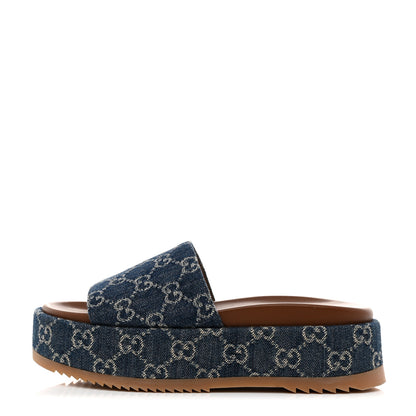 Gucci New Denim GG Monogram Angelina Platform 55mm Slide Sandals 37.5 Blue Tea 1 of 9