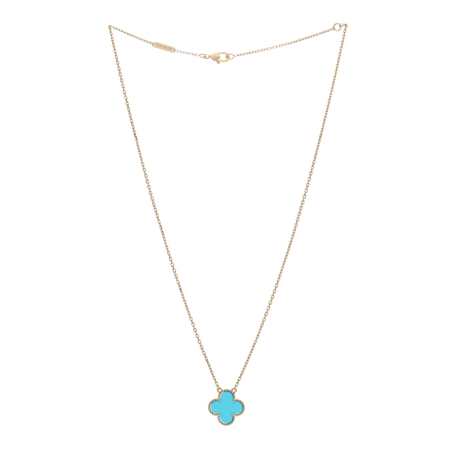 18K Yellow Gold Blue Agate Vintage Alhambra Pendant Necklace