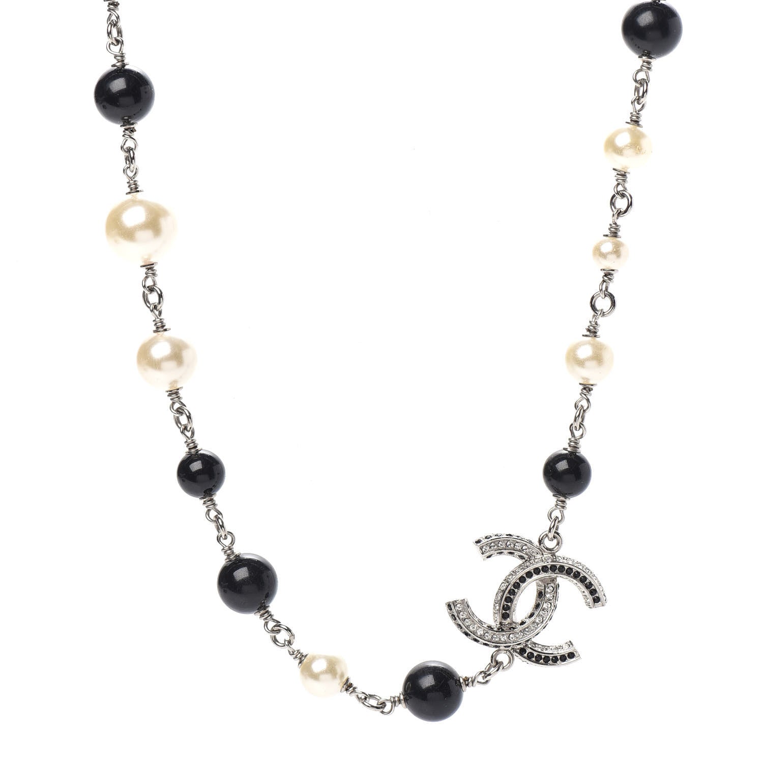 Chanel Crystal Pearl Beaded CC Short Necklace Silver Black 1 of 6