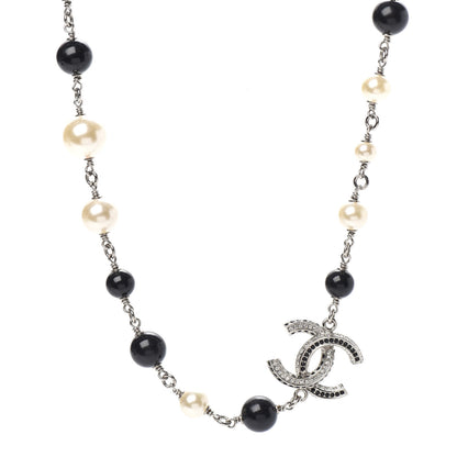 Chanel Crystal Pearl Beaded CC Short Necklace Silver Black 1 of 6