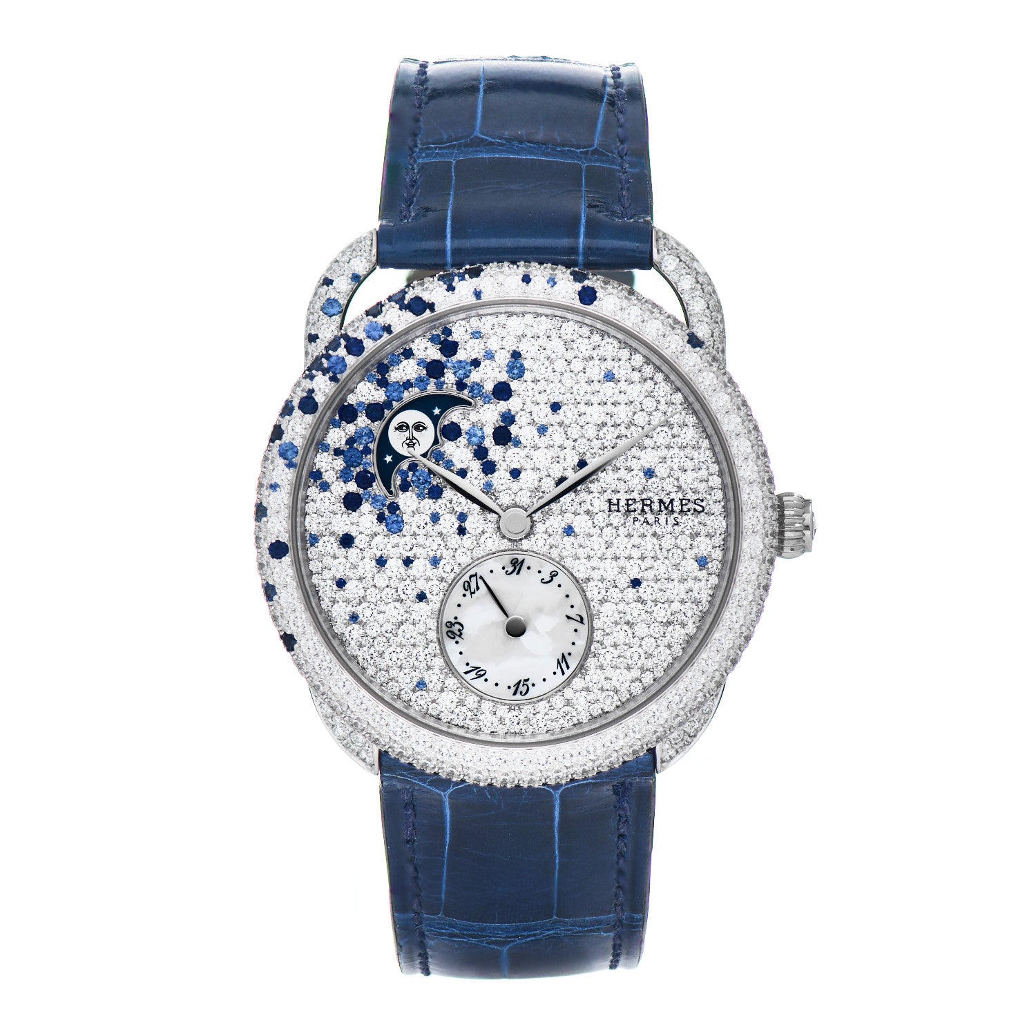 Hermes 18K White Gold Alligator Diamond 38mm Arceau Petite Lune Automatic Watch Bleu Saphir 1 of 5