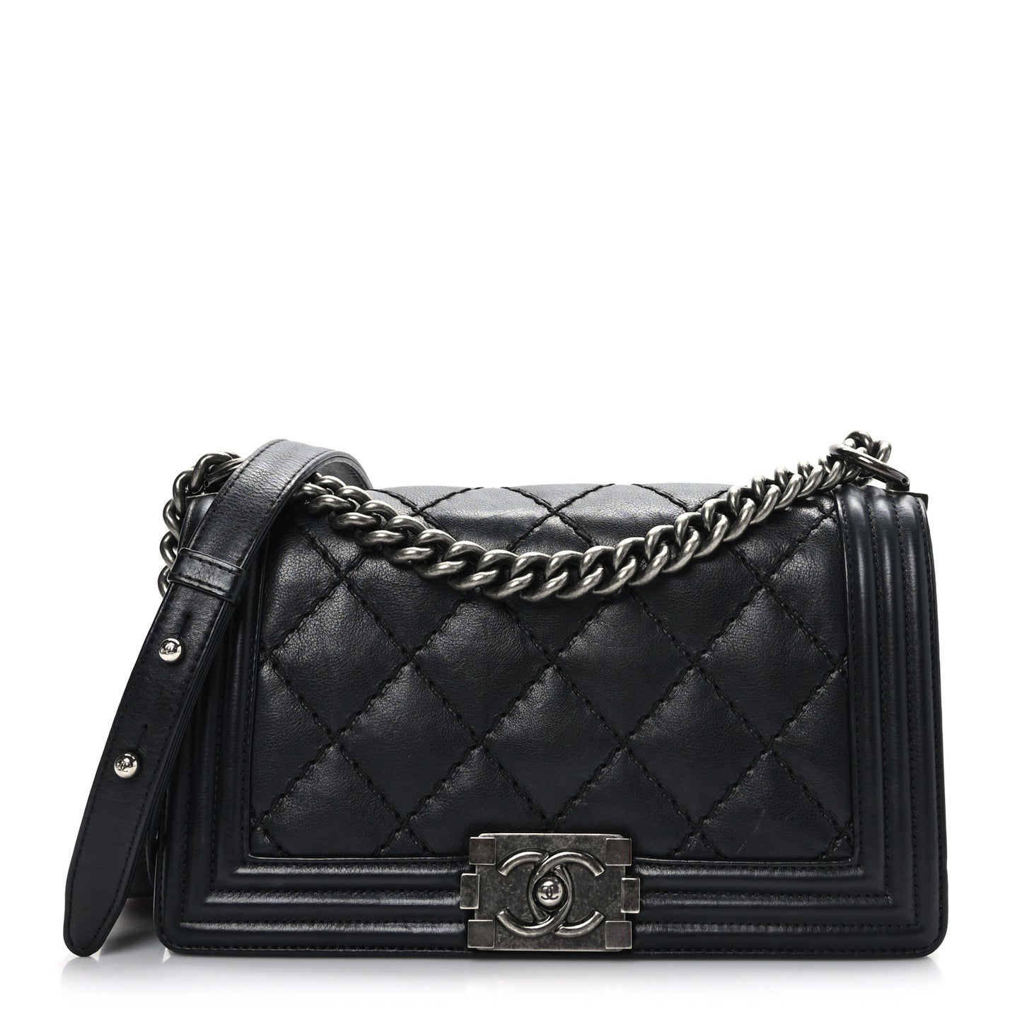 Calfskin Double Stitch Medium Boy Flap Black