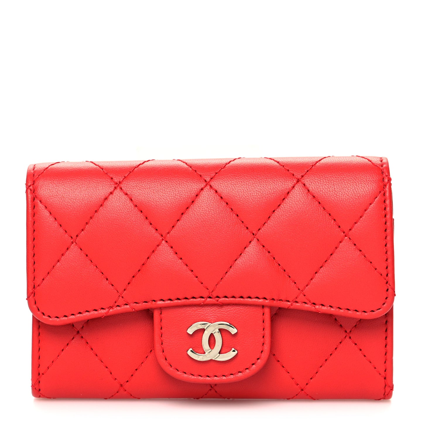 Lambskin Quilted Flap Card Holder Red