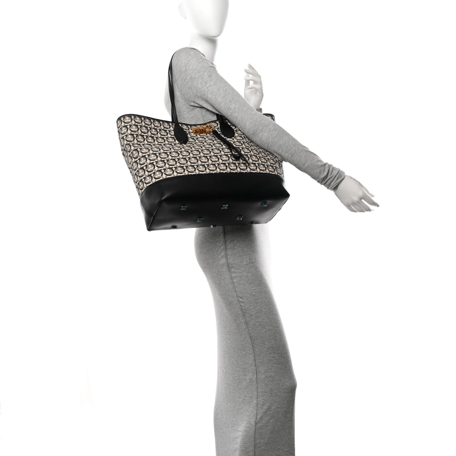 Salvatore Ferragamo Canvas Calfskin Large The Studio Tote Beige Black 2 of 10