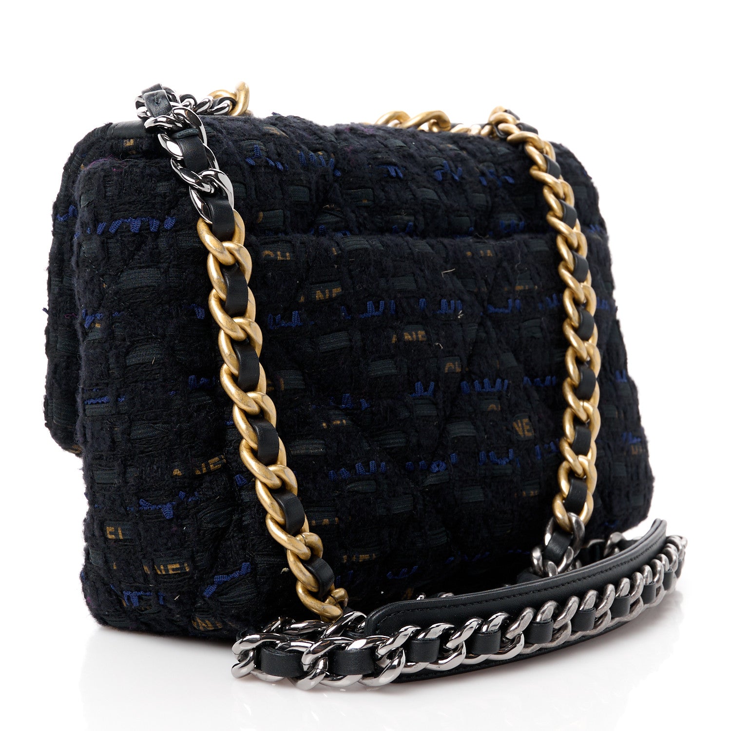 Chanel Tweed Quilted Medium Chanel 19 Flap Black Navy Gold 3 of 11