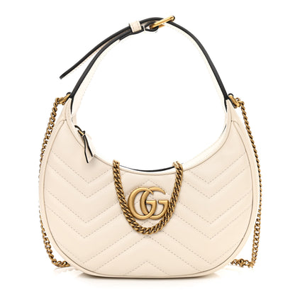 Gucci Calfskin Matelasse Chevron Mini GG Marmont Half Moon Hobo Mystic White 1 of 9