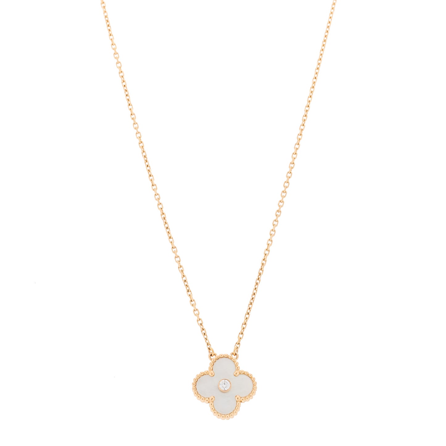 18K Rose Gold Diamond Mother of Pearl Vintage Alhambra Pendant Necklace
