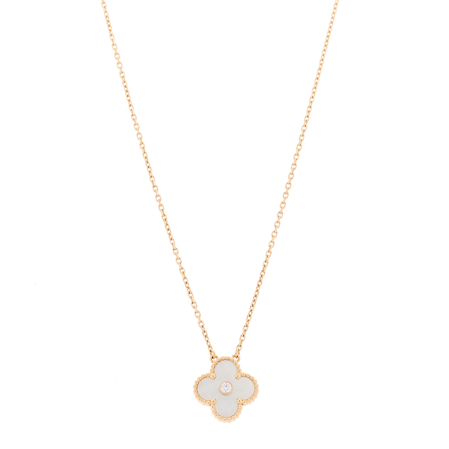 Van Cleef & Arpels 18K Rose Gold Diamond Mother of Pearl Vintage Alhambra Pendant Necklace 1 of 7