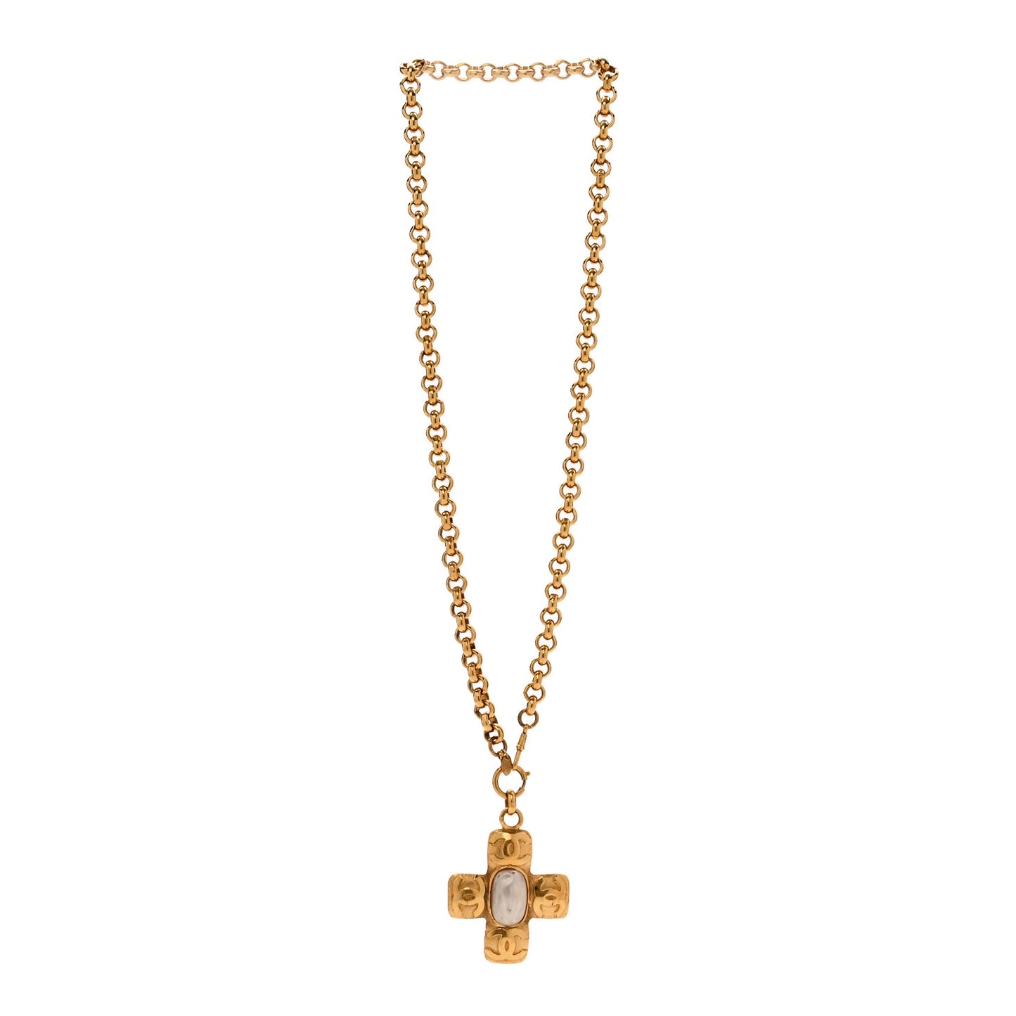 Pearl CC Cross Pendant Necklace Gold