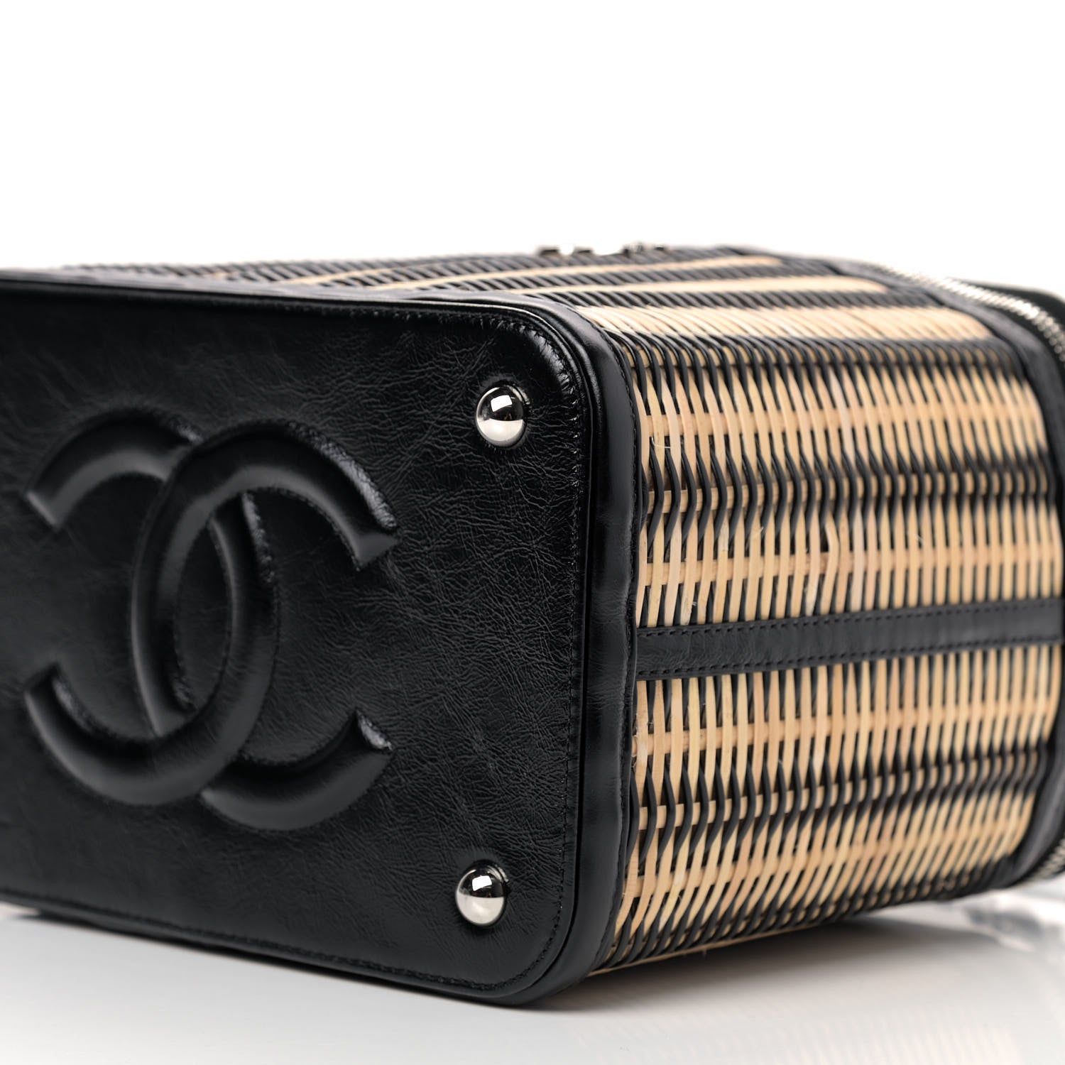Chanel Glazed Calfskin Raffia Vanity Case Bag Black Beige 7 of 9
