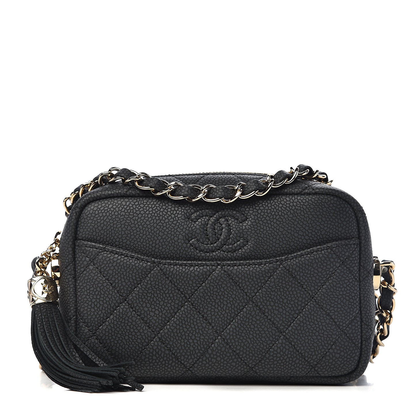 Iridescent Caviar Quilted Mini Coco Tassel Camera Case Black