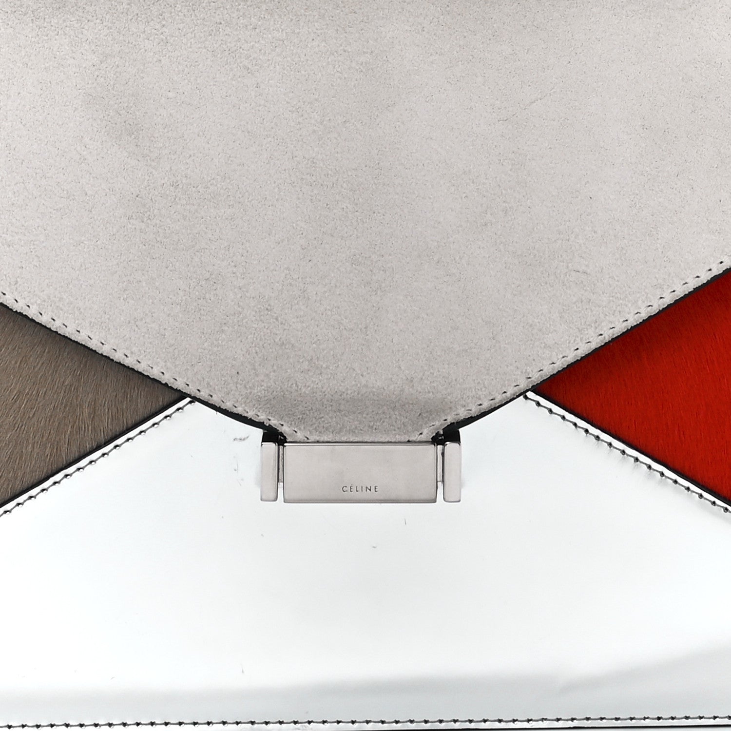 Celine Calfskin Suede Pony Hair Patent Tri-Color Diamond Clutch White Silver Red 8 of 11