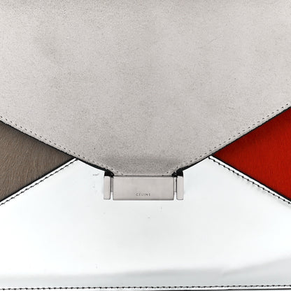 Celine Calfskin Suede Pony Hair Patent Tri-Color Diamond Clutch White Silver Red 8 of 11