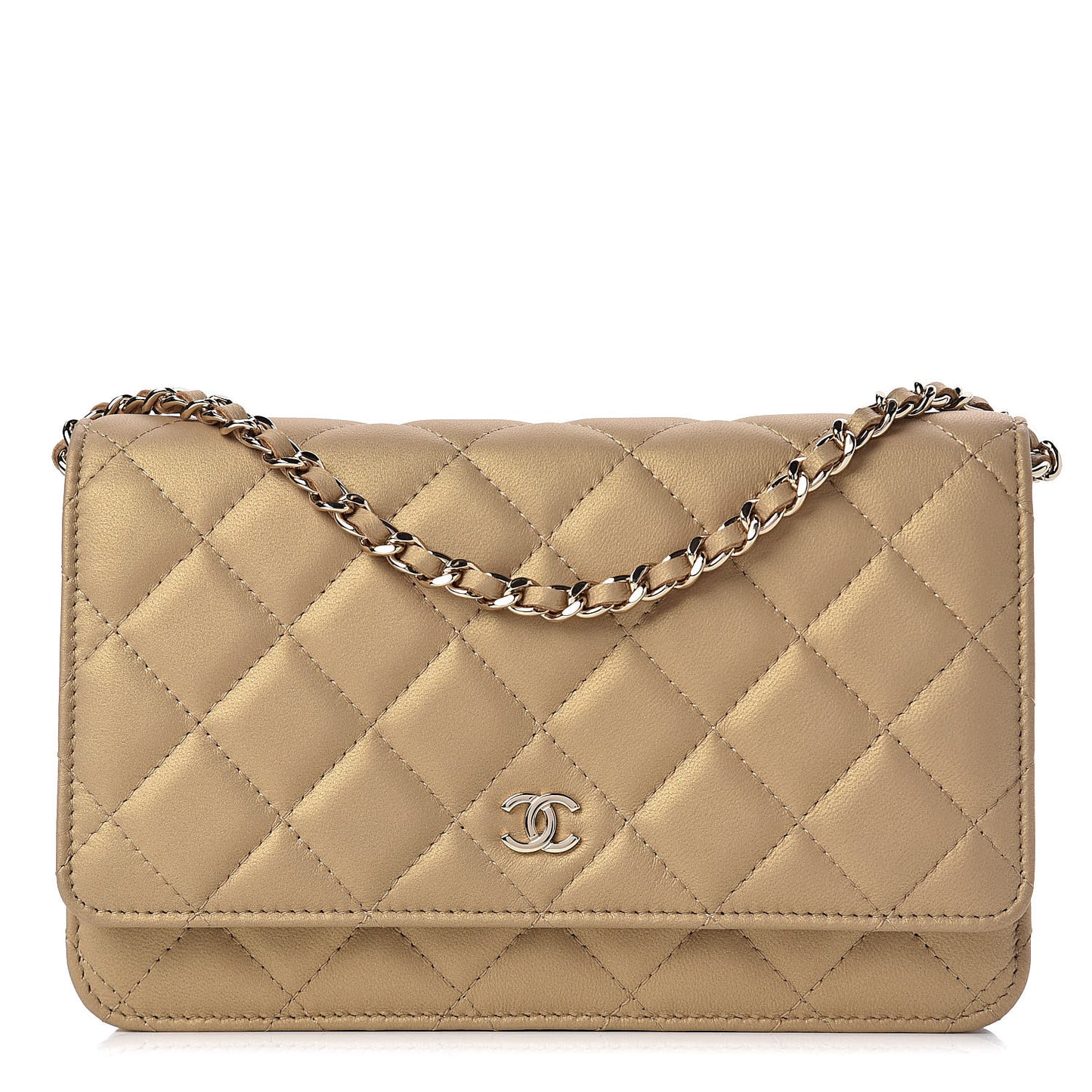 Metallic Lambskin Quilted Wallet On Chain WOC Gold