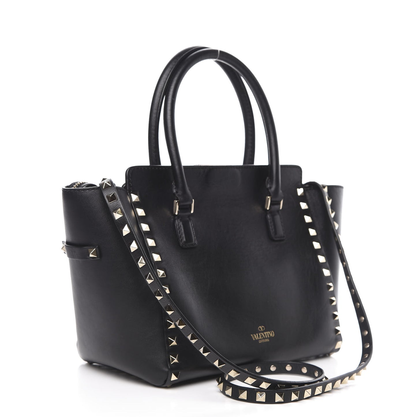Vitello Small Rockstud Double Handle Tote Black