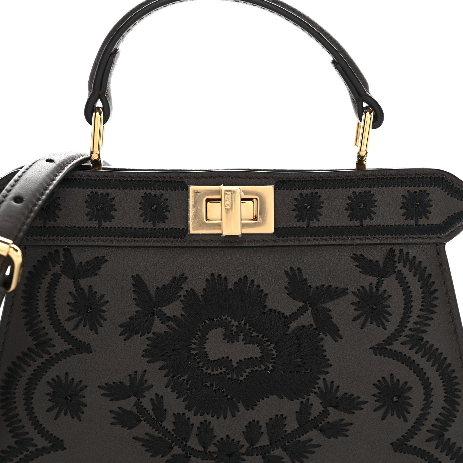 Fendi Vitello Seta Shiny Nappa Floral Embroidered Petite Peekaboo I SEE U Satchel Carbone Black 8 of 10