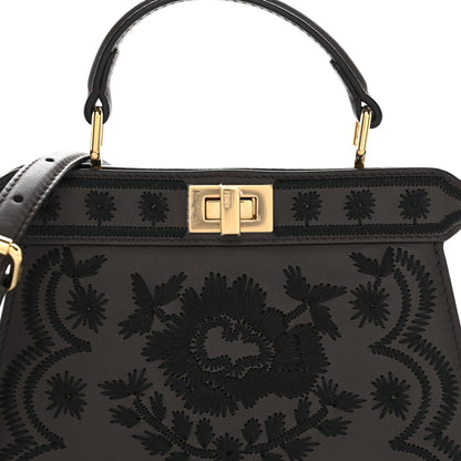 Fendi Vitello Seta Shiny Nappa Floral Embroidered Petite Peekaboo I SEE U Satchel Carbone Black 8 of 10