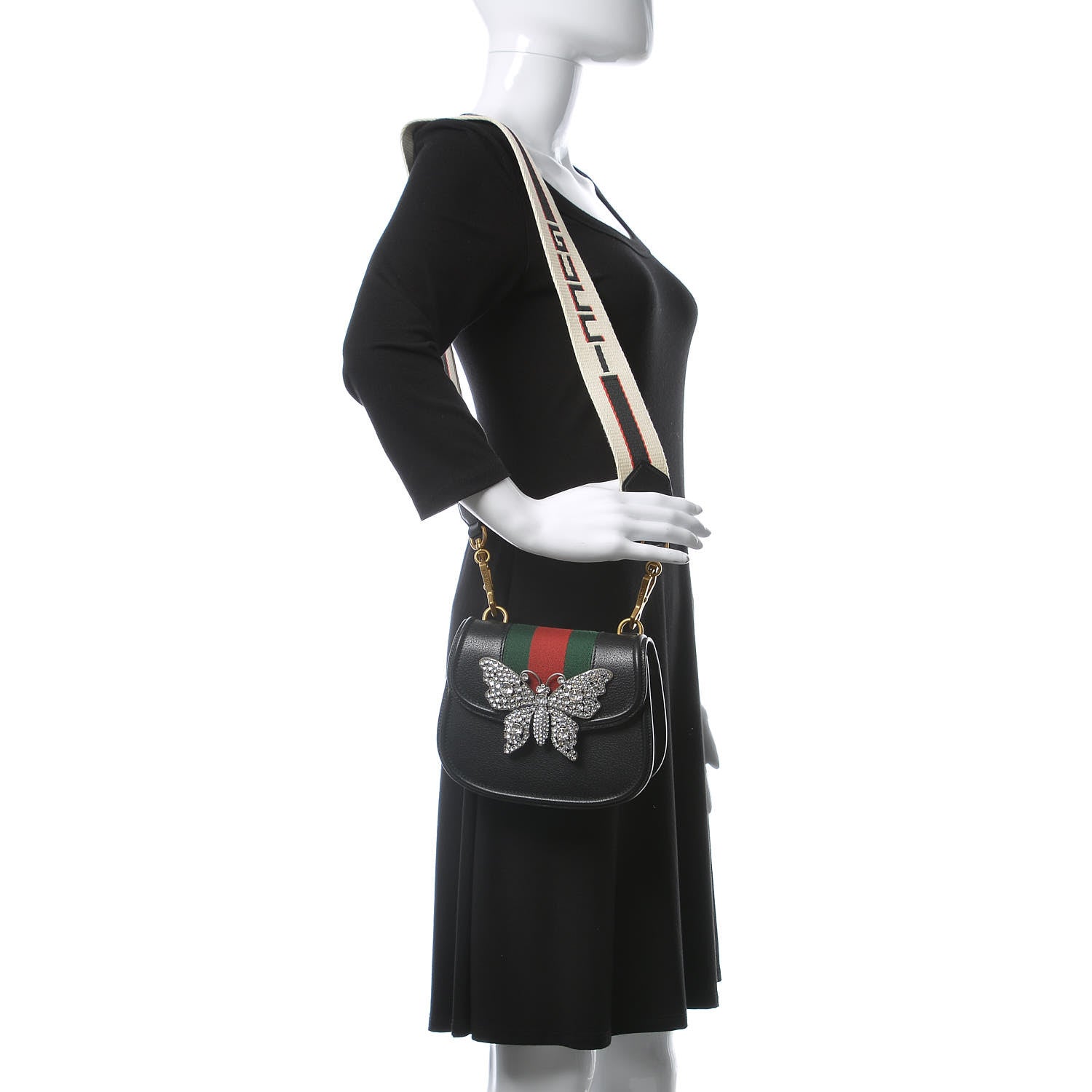 Gucci Calfskin Web Crystal Butterfly Stripe Small Totem Shoulder Bag Black 2 of 9